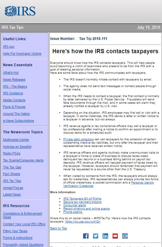 IRS Tax Tip to avoid scammers
